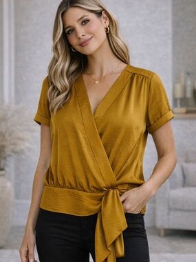 Nine West Mustard Wrap Tie Short Sleeve Blouse